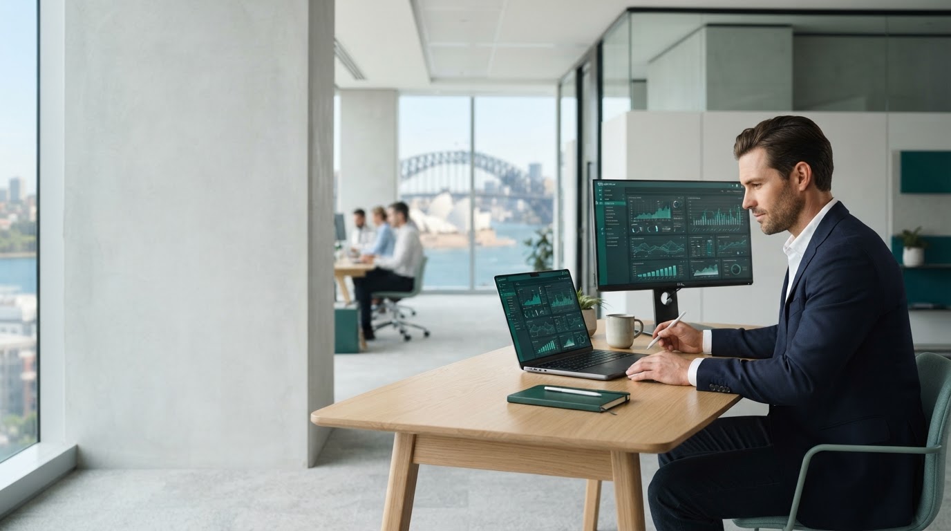 Ledgarium team reviewing real-time market analysis dashboards